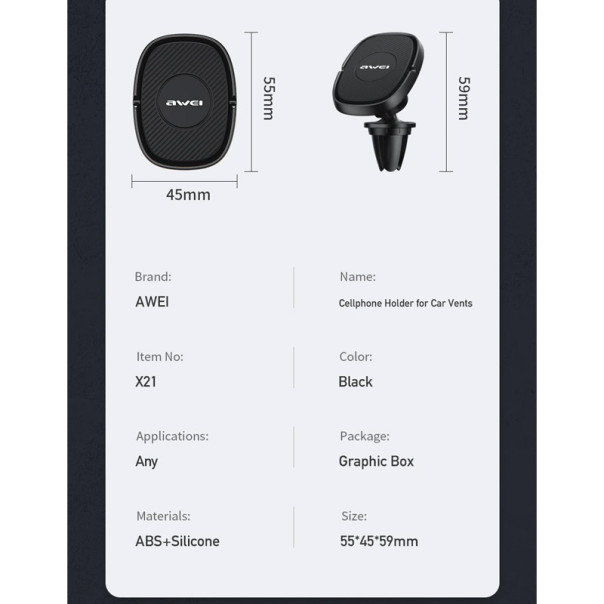 Auto držač za telefon za ventilaciju Awei X21 crni - 607763
