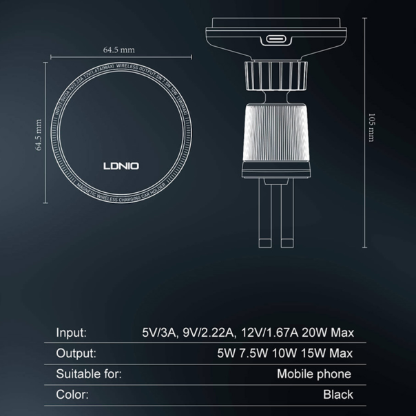 Auto stalak za ventilaciju LDNIO MA23 15W Wireless magnetic crni - 218368