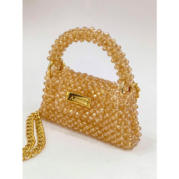 AZIBI Ženska torba od kristalnih perli Piccolina, zlatna sa lancem - 105-1-1-1
