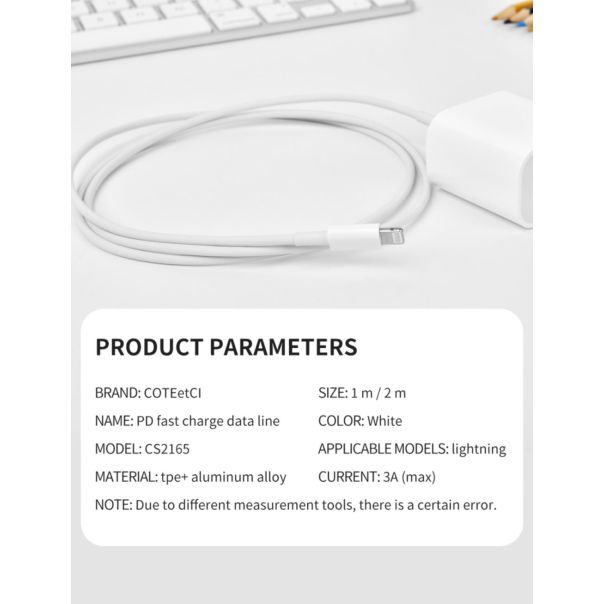 Data kabl Coteci CS2165 3A PD na iPhone lightning beli 1m - 223306
