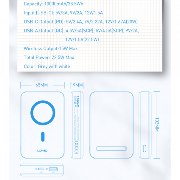 Back up baterija LDNIO PQ16 10000mAh, 15W wireless, sivo bela - 215592