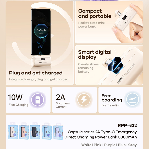Power bank prenosiva baterija REMAX Capsule series RPP-632 2A Type C 5000mAh roze - 215560