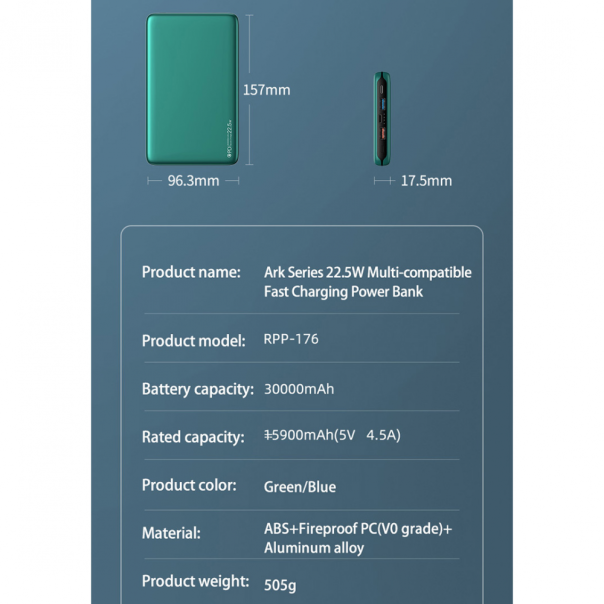 Power bank prenosiva baterija REMAX RPP-176 22.5W 30000mAh plava - 216810