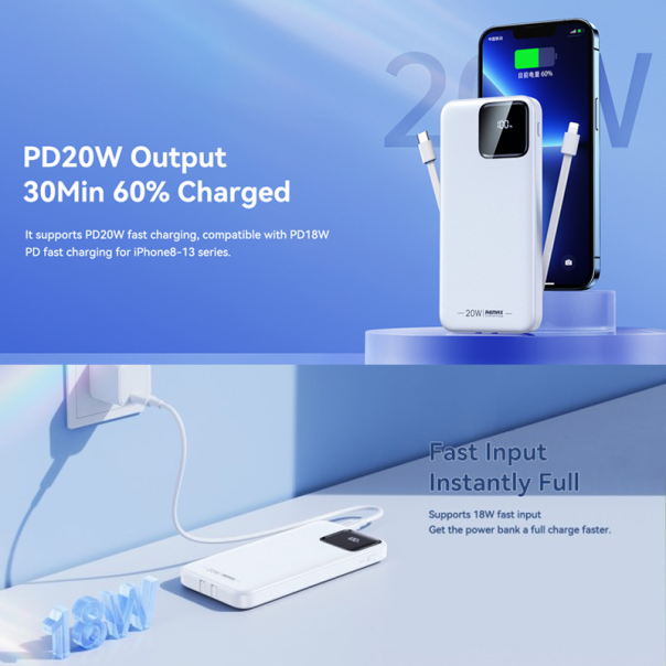 Power bank prenosiva baterija REMAX Suji Series RPP-500 20W+22.5W PD+QC 10000mAh bela - 206316