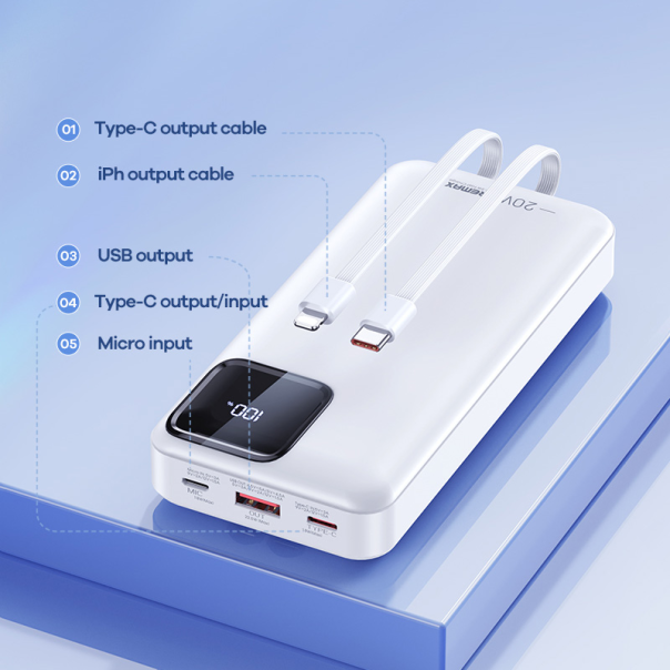 Power bank prenosiva baterija REMAX Suji Series RPP-513 20W+22.5W PD+QC 20000mAh bela - 206318-1