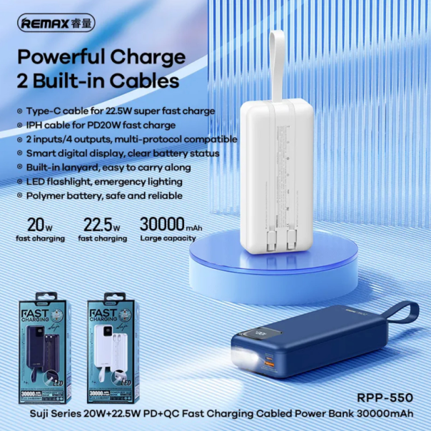 Power bank prenosiva baterija REMAX Suji Series RPP-550 20W+22.5W PD+QC 30000mAh beli - 217148