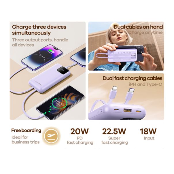 REMAX Power Bank Suji Series PD 20W+QC 22.5W Fast Charging Cabled 20000mAh RPP-513, plava - BAT9187