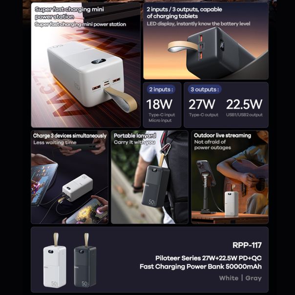 REMAX Power bank Piloteer 20W, 50000mAh RPP-117, crna - BAT9415