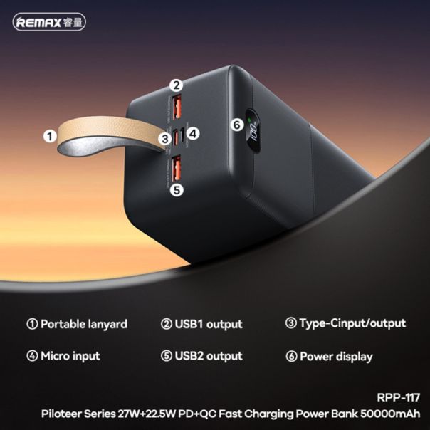 REMAX Power bank Piloteer 20W, 50000mAh RPP-117, crna - BAT9415