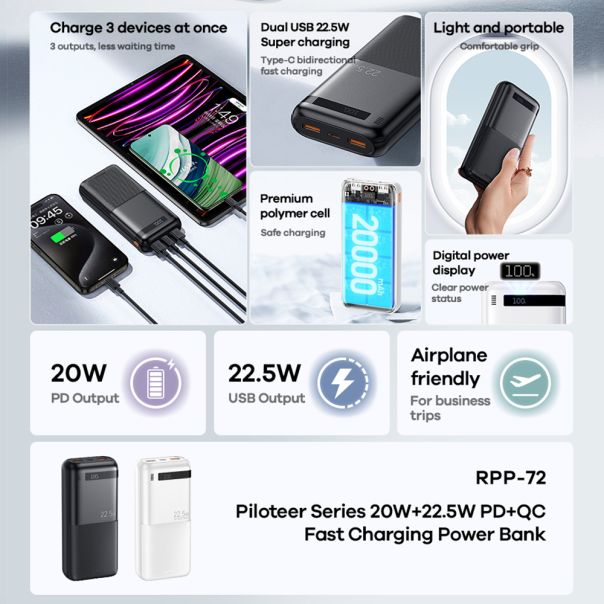 Power Bank REMAX Piloteer 20W PD+22.5W QC 20000mAh RPP-72 beli - EP2943947