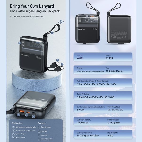 AWEI Power bank P149K 10000mAh, crna - BAT9419