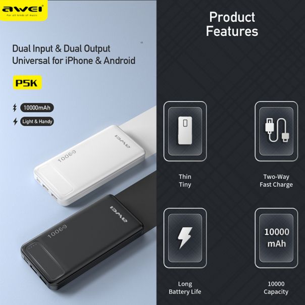 AWEI Power bank P5K 10000mAh, crna - BAT9420
