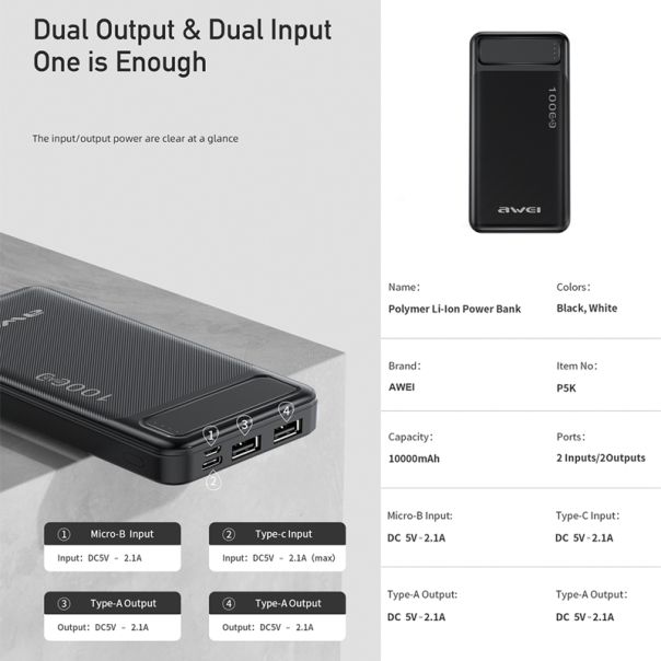 AWEI Power bank P5K 10000mAh, crna - BAT9420