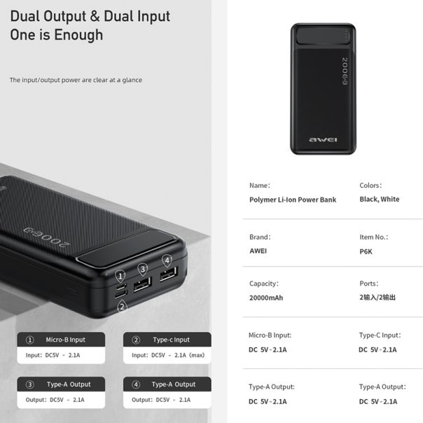 AWEI Power bank P6K 20000mAh, crna - BAT9421