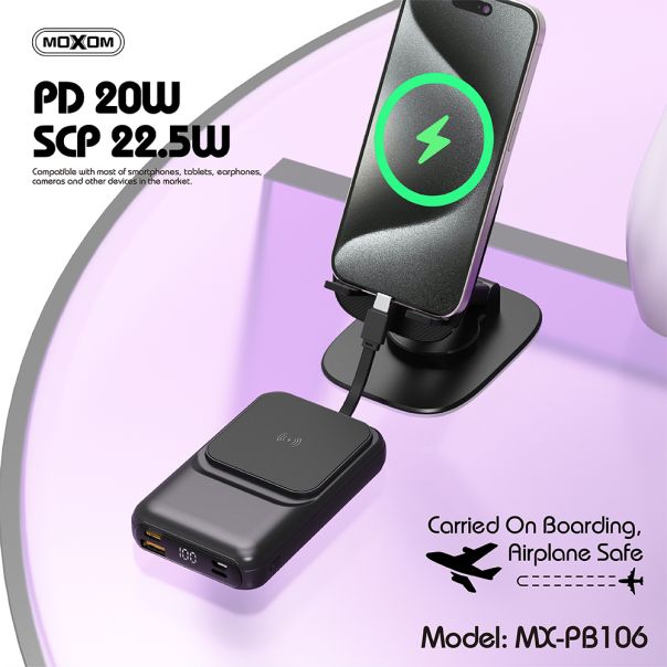 MOXOM Power Bank PB106 WL magnet + kabl SCP22.5W + PD20W Super Fast 10000mAh - BAT9422