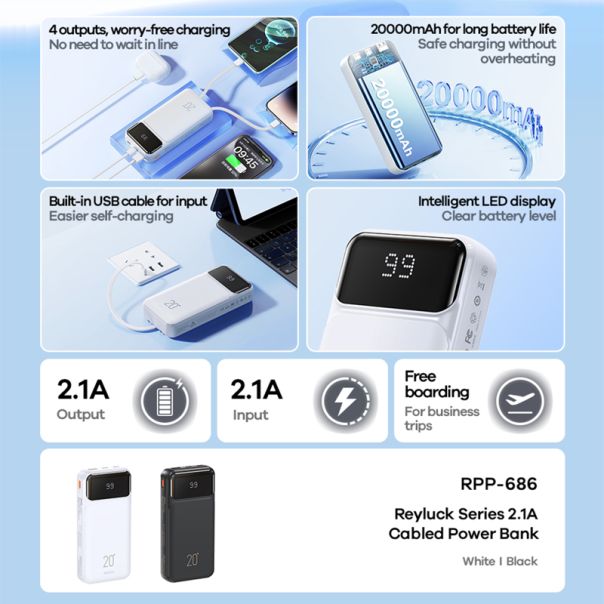 REMAX Power Bank Reyluck Series RPP-686 brzo punjenje 2.1A 20000mAh, bela - BAT9423