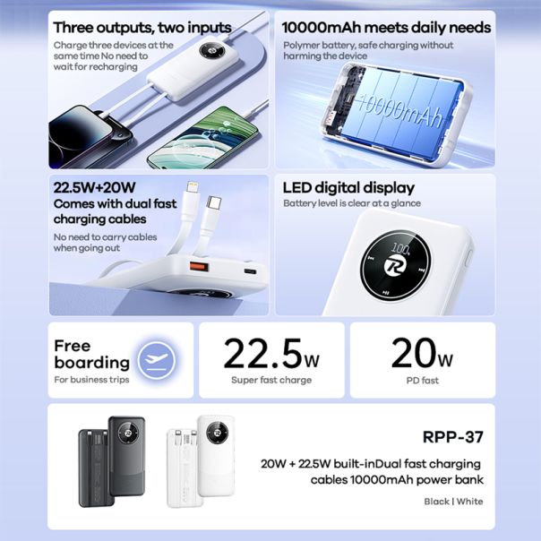 REMAX Power Bank RPP-37 20W PD+22.5W QC 10000mAh, crna - BAT9426