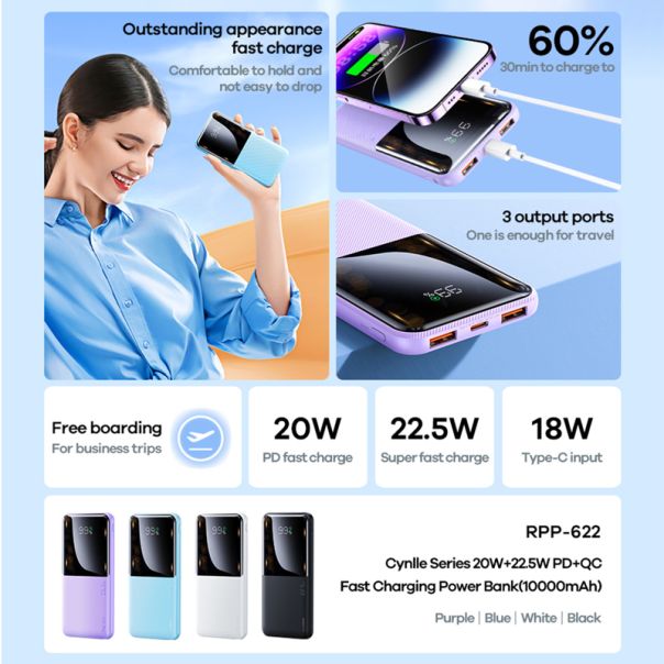 REMAX Power Bank PD 20W+QC 22.5W brzo punjenje RPP-622 10000mAh, crna - BAT9427