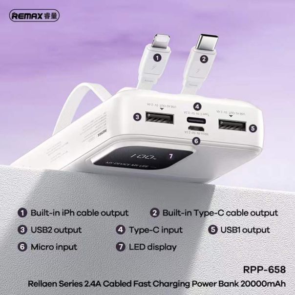 REMAX Power Bank Rellaen Series RPP-658 brzo punjenje 20000mAh 2.4A, bela - BAT9429