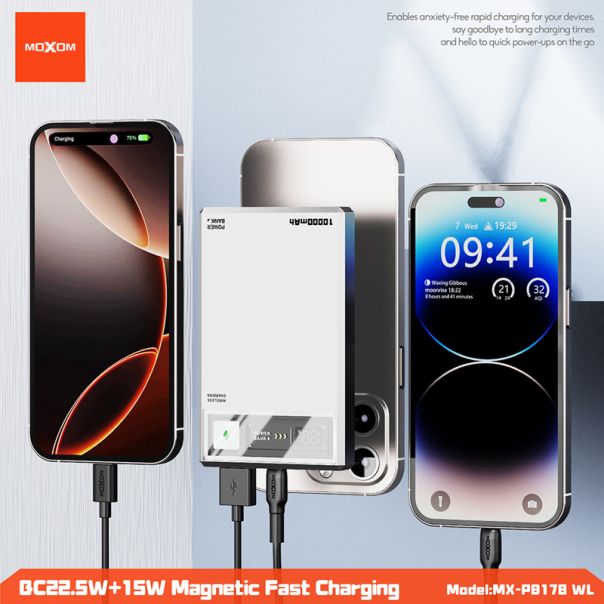 MOXOM Power Bank MX-PB178 Meteorite Magnetic Wireless 10000mAh, siva - BAT9444