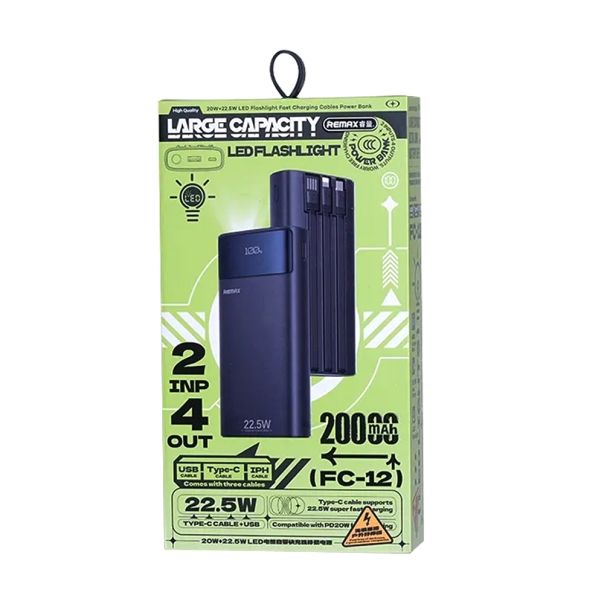 Power Bank REMAX FC-12 LED Flashlight PD 20W + QC 22.5W 20000mAh crni - EP2939456