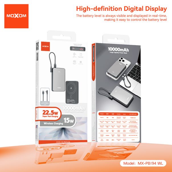 Power Bank Magsafe Moxom MX-PB194 fast charge 22.5W + wireless 15W type C 10000mAh srebrni - EP2941945