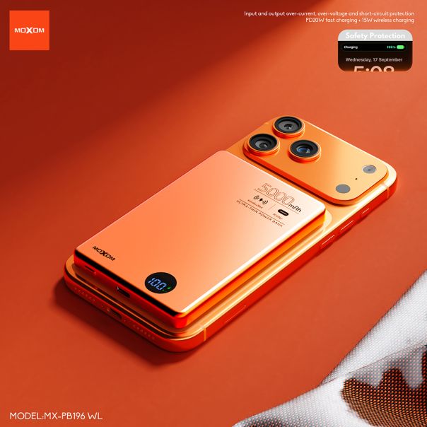 Power Bank Magsafe Moxom MX-PB196 PD 20W + QC 22.5W + wireless 15W 5000mAh narandzasti - EP2941960