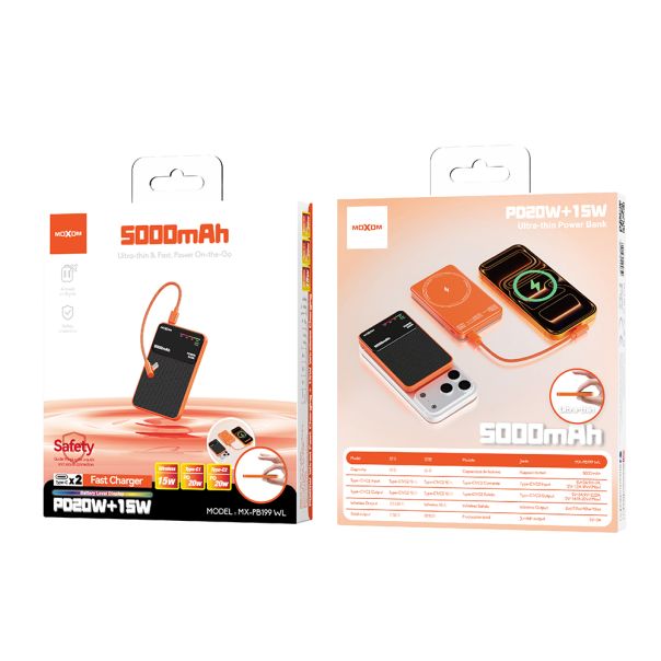 Power Bank Magsafe Moxom MX-PB199 fast PD 20W + wireless 15W Type C - Type C 5000mAh narandzasti - EP2943442