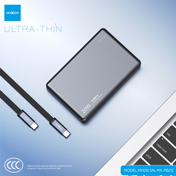 Power Bank MagSafe Moxom MX-PB212 Ultra Thin PD20W + wireless 15W 5000mAh sivi - EP3160001