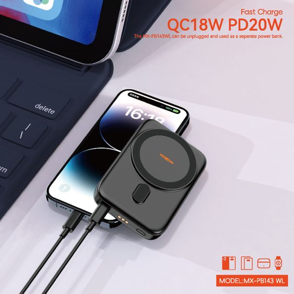 Power Bank MagSafe Moxom MX-PB143 3in1 Multifunction PD20W + wireless 18W 5000mAh crni - EP3159998