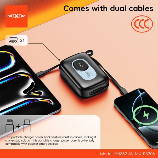MOXOM power bank Mini Portable Dual Cable MX-PB208 22.5W Fast charging 20000mAh, sivi - EP3230412