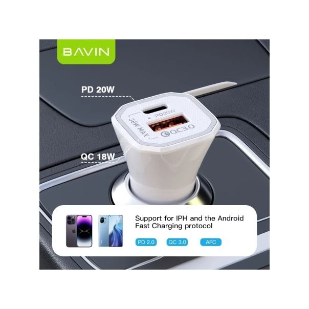 BAVIN Auto punjač 20W PD QC3,0 USB i type-C, bela - 90040