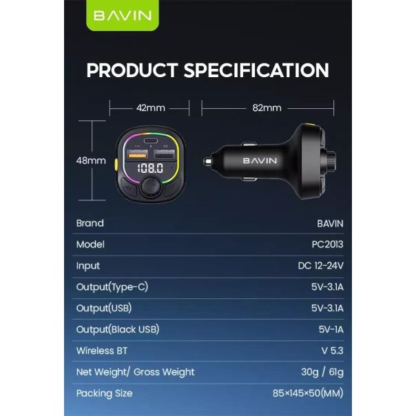 BAVIN FM Transmiter Auto punjač, RGB ambient - 90902