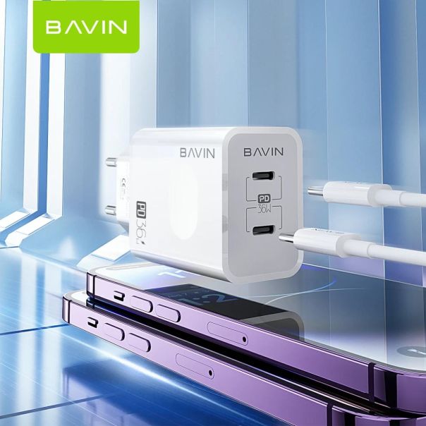 BAVIN Punjač 36W 2x Type-C, bela - 90048