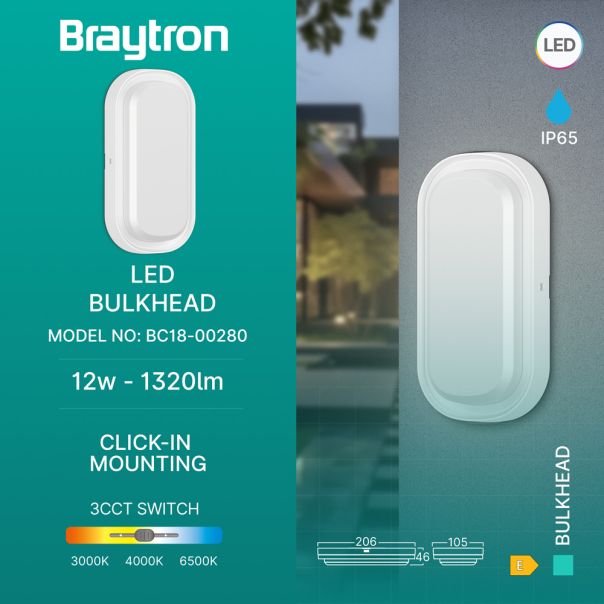 BRAYTRON LED spoljna zidna lampa BRY-BULKHEAD-12W-ELP-WHT-3IN1-IP65 - BC18-00280