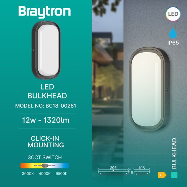BRAYTRON LED spoljna zidna lampa BRY-BULKHEAD-12W-ELP-BLC-3IN1-IP65 - BC18-00281
