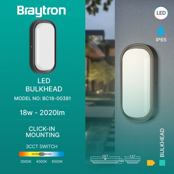 BRAYTRON LED spoljna zidna lampa BRY-BULKHEAD-18W-ELP-BLC-3IN1-IP65 - BC18-00381