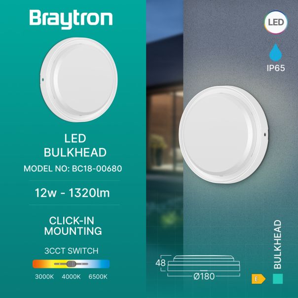 BRAYTRON LED spoljna zidna lampa BRY-BULKHEAD-12W-RND-WHT-3IN1-IP65 - BC18-00680