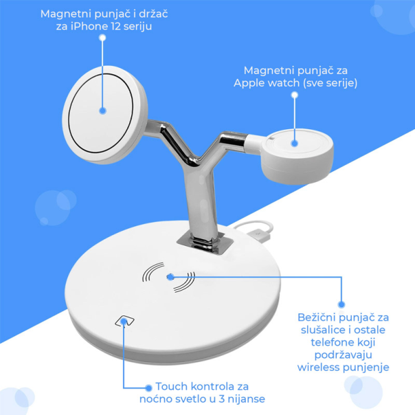 Bezicni punjač 3u1 Magsafe za Apple Watch, AirPods iPhone beli - 051316