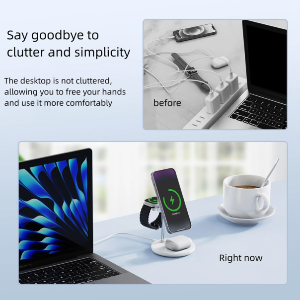 Bezicni punjač 3u1 Magsafe za Apple Watch, iPhone i AirPods 15W beli - 608533