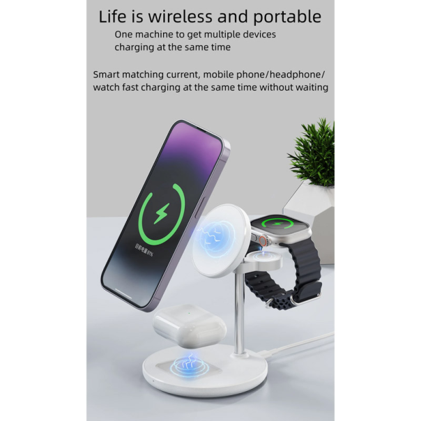 Bezicni punjač 3u1 Magsafe za Apple Watch, iPhone i AirPods 15W beli - 608533
