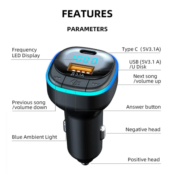 Bluetooth FM LED Transmiter C33 5V/ 3.1A crni - 600230
