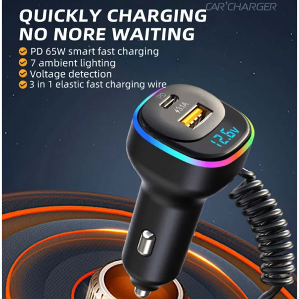 Auto punjač K2 RGB 3U1 USB PD36/ 65W/ 5V/ 3.1A crni - 600231