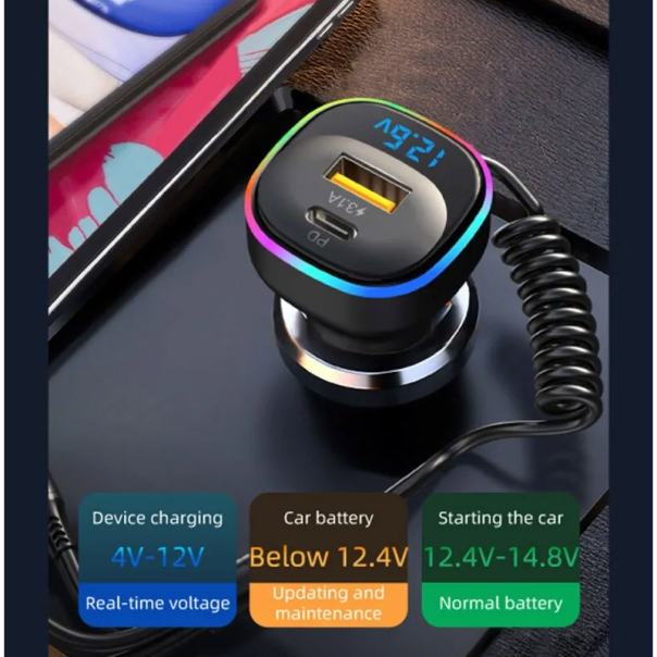 Auto punjač K2 RGB 3U1 USB PD36/ 65W/ 5V/ 3.1A crni - 600231