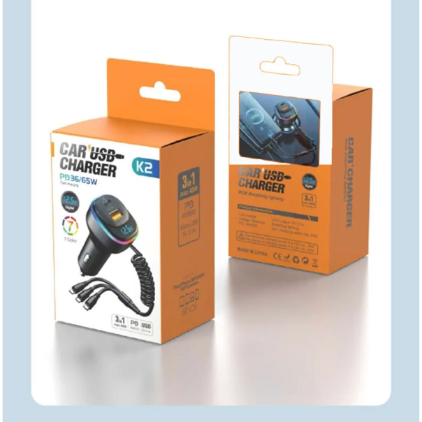Auto punjač K2 RGB 3U1 USB PD36/ 65W/ 5V/ 3.1A crni - 600231