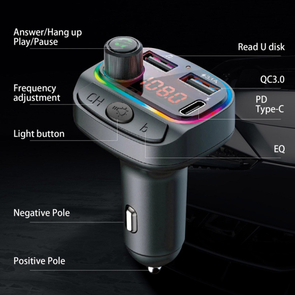 Bluetooth FM RGB Transmiter C14 QC3.0+PD crni - 600232