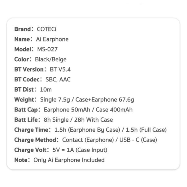 Bluetooth slusalice Coteci MS-027 sa AI prevodiocem crne - 222495