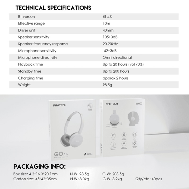 Bluetooth slušalice Fantech GO Air WH02 sive - G213375