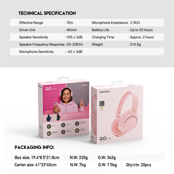 Bluetooth slusalice Fantech GO Vibe WH05 pink - 213453