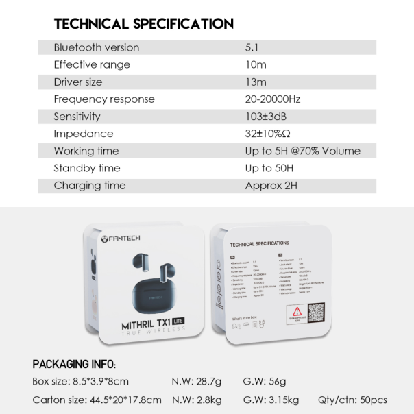 Bluetooth slusalice Fantech TX1 Lite Mithril crne - 210371